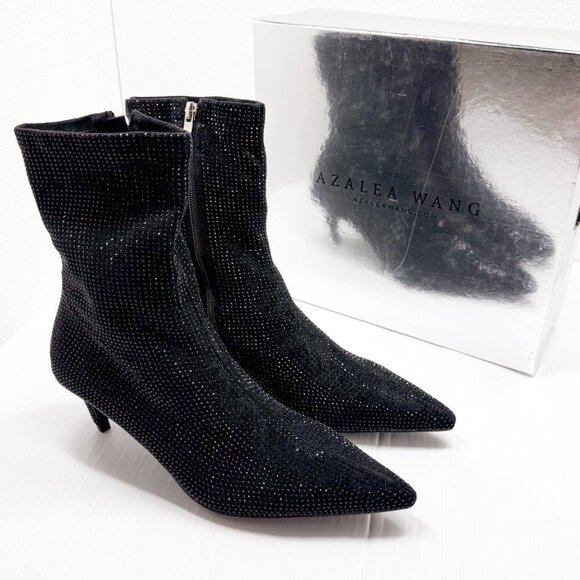 Azalea Wang Nerola Black Rhinestone Ankle Boots Size 10 Pointed Toe Kitten Heel - Picture 1 of 13